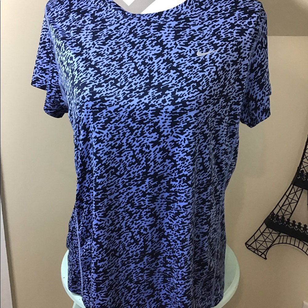 NIKE DRI-FIT running top L navy blue print reflective short sleeve